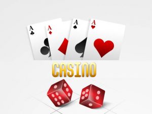 Shiny ace playing cards with red dices for Casino on grey background.